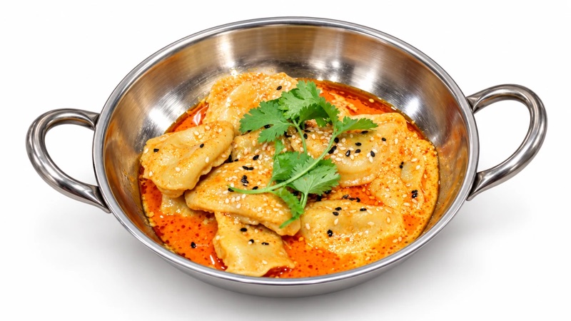 Dumplings in chili oil with black and white sesame and coriander, in a steel serving bowl